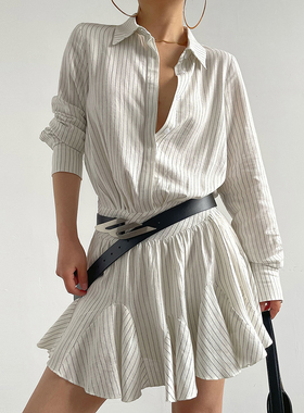 Acupstudio江右上 简约中长款百褶小裙摆竖条纹衬衫连衣裙女