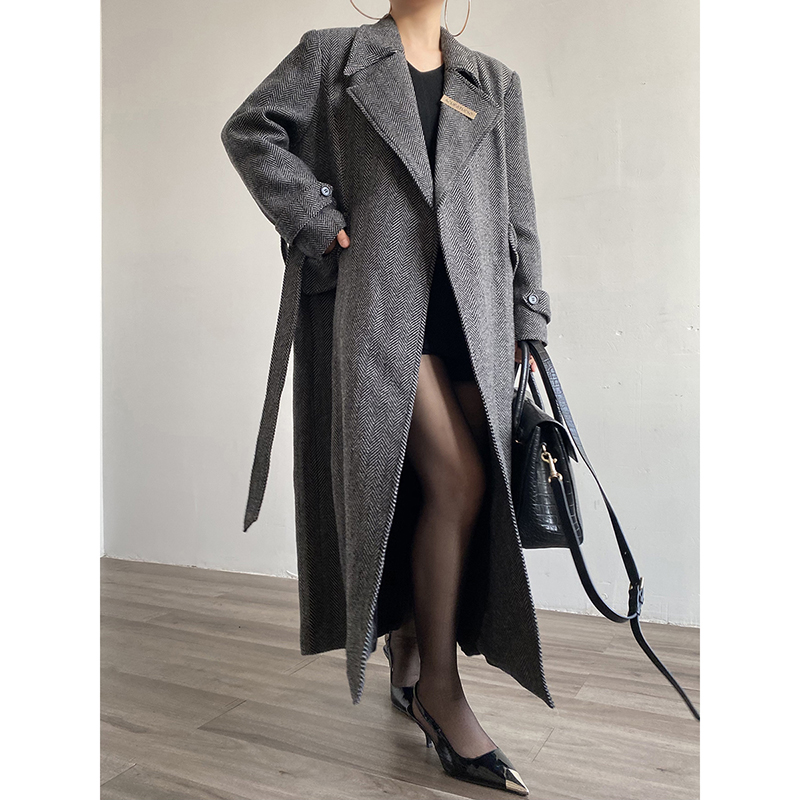 长款人字纹外套设计感绑带大衣