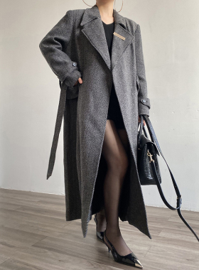 AcupStudio江右上 高级感气质长款人字纹外套宽松设计感绑带大衣