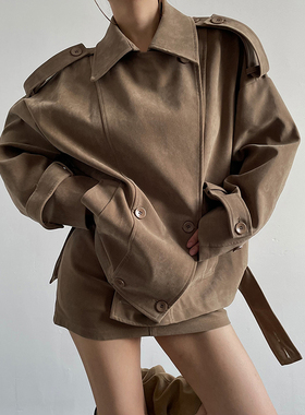 AcupStudio江右上 复古绒面排扣短款大衣女秋季a字半身裙两件套