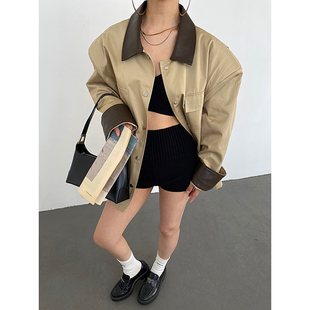 AcupStudio江右上 外套 卡其色拼皮风衣女春季 英伦风宽松中长款