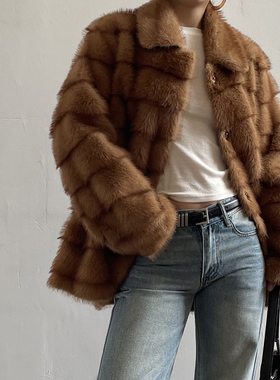 Acupstudio江右上 宽横条毛毛短外套女新款冬季高级感环保皮草