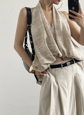 Acupstudio江右上 美式辣妹不规则丝线钩花挂脖吊带背心女上衣