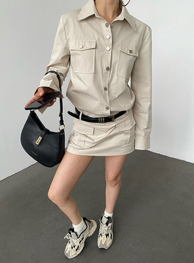 AcupStudio江右上  嵌扣长袖工装连衣裙女夏季复古辣妹短款裙子