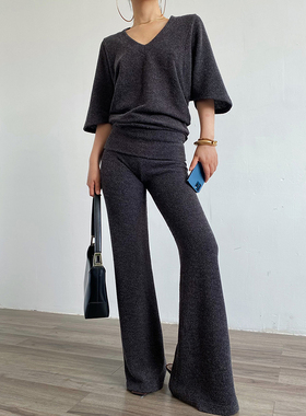 AcupStudio江右上 欧美宽松V领短袖针织上衣+垂感休闲直筒裤套装