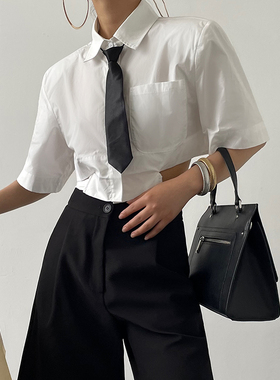 AcupStudio江右上 美式垫肩腰带衬衫女夏季设计感显瘦短款衬衣