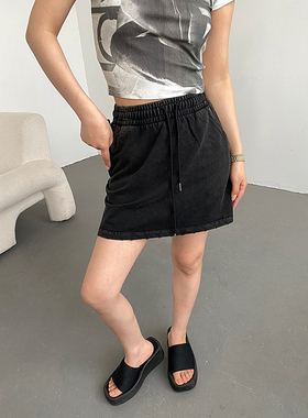 AcupStudio江右上做旧磨边松紧腰美式运动风半身裙女小众抽绳短裙