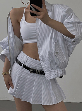 AcupStudio江右上 美式短款中袖条纹外套高腰百褶超短裙套装女潮