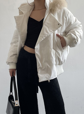 Acupstudio江右上 狐狸毛连帽羽绒服女新款冬保暖中长款宽松外套