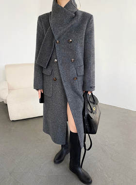 AcupStudio江右上 围巾领双面呢大衣女设计感宽松长款毛呢外套