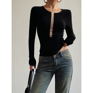 Acupstudio江右上 透视设计感打底衫女新款修身显瘦内搭长袖t恤