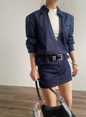 AcupStudio江右上 欧美高级感大V领牛仔上衣+高腰牛仔半裙套装