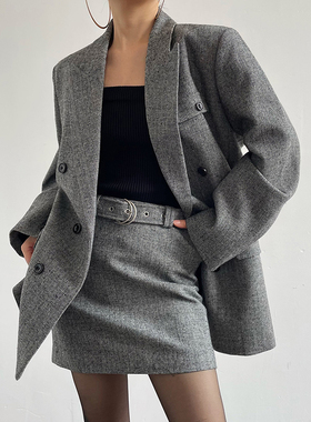 AcupStudio江右上  双排扣杂灰高智西装套装女