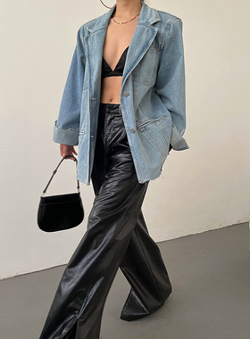 AcupStudio江右上西装式毛边垫肩牛仔外套女美式多口袋中长款上衣