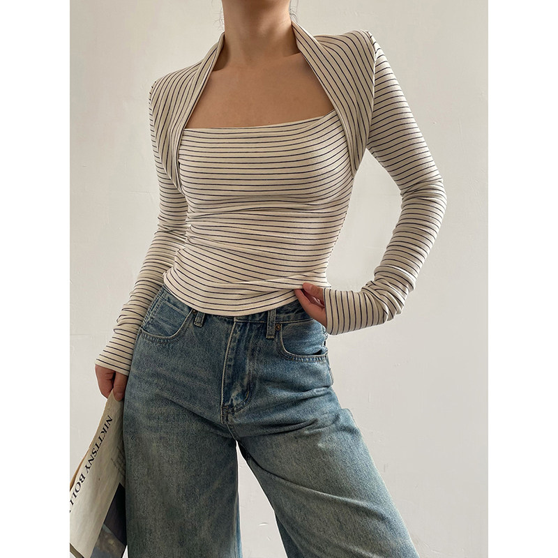 Acupstudio江右上 条纹长袖T恤女新款秋冬修身设计感小众打底上衣