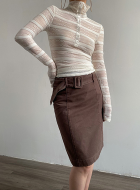 Acupstudio江右上 微透排扣半开领修身显瘦半高领蕾丝小衫上衣女