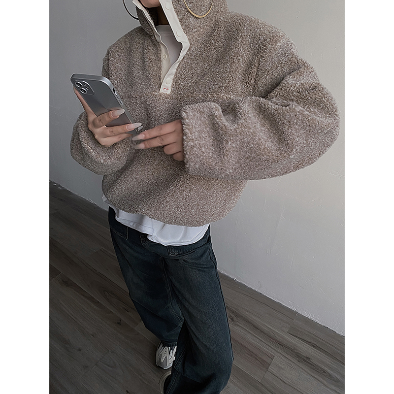 美式休闲羊羔毛卫衣短款