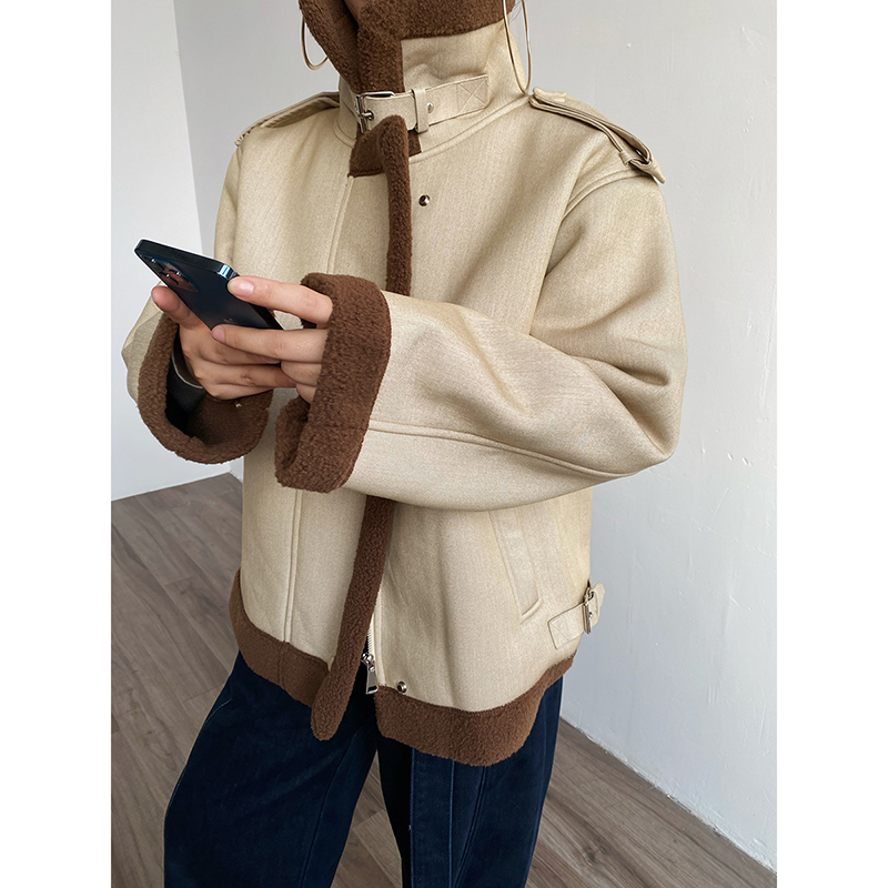 AcupStudio江右上 撞色复合羊羔毛外套女冬季设计感加厚短款上衣