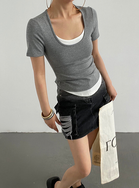 AcupStudio江右上 美式休闲假两件弹力T恤女夏季设计感紧身上衣