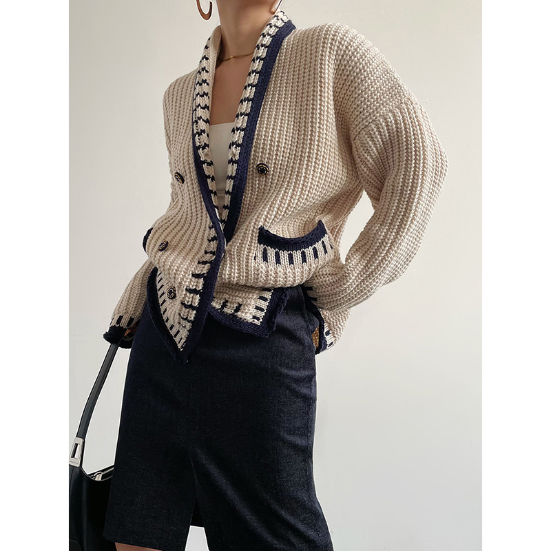 撞色毛衣宽松保暖小香针织开衫