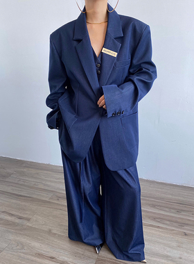 AcupStudio江右上 藏蓝色气质西装外套女秋季V领马甲阔腿裤三件套