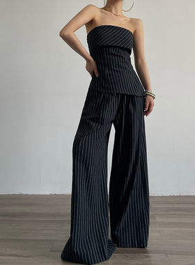 AcupStudio江右上 复古辣妹条纹抹胸背心女+棉麻休闲阔腿裤子套装