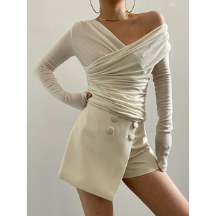 Acupstudio江右上 短款修身交叉V领长袖内搭打底衫女可外穿上衣