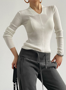AcupStudio江右上 V领针织打底衫修身显瘦设计感长袖内搭上衣