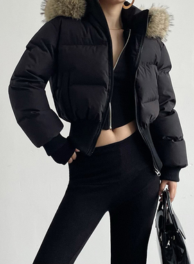 AcupStudio江右上 时尚气质高腰短款保暖外套大毛领连帽羽绒服女