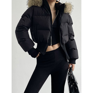 AcupStudio江右上 时尚气质高腰短款保暖外套大毛领连帽羽绒服女