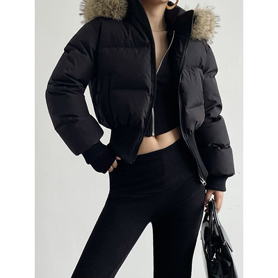 短款大毛领连帽羽绒服女