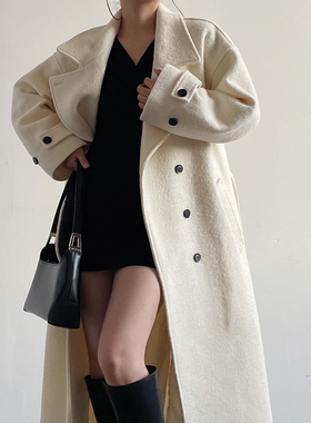 Acupstudio江右上 米白色立领毛呢大衣女新款冬季粗花呢长款外套