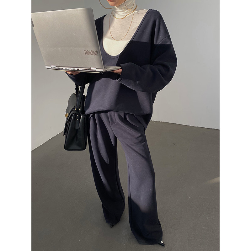 AcupStudio江右上 大U领纯色漏肩卫衣两件套女休闲阔腿卫裤套装,女装/女士精品,时尚套装,淘宝优惠券,粉丝福利购,淘宝优惠卷