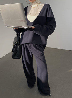 AcupStudio江右上 大U领纯色漏肩卫衣两件套女休闲阔腿卫裤套装