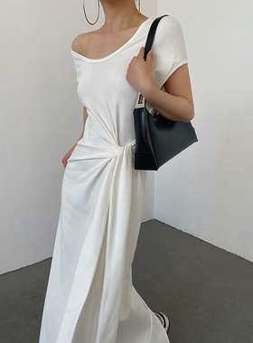 AcupStudio江右上 纯色绑带u领T恤连衣裙女夏季慵懒风显瘦长裙子