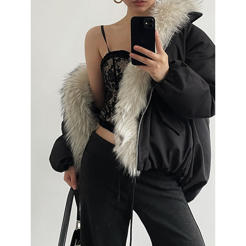 Acupstudio江右上 真毛领无帽黑色90白鸭绒羽绒服女新款冬季外套