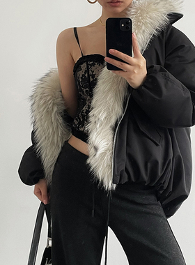 Acupstudio江右上 真毛领无帽黑色90白鸭绒羽绒服女新款冬季外套