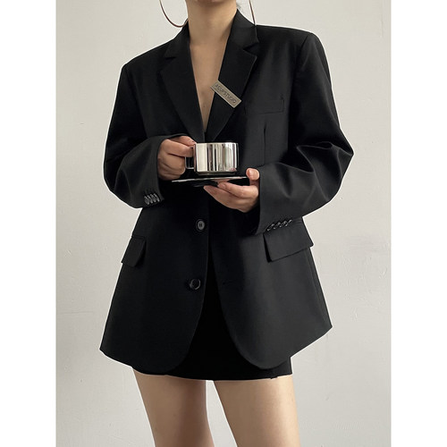 Acupstudio江右上春秋宽松阔肩设计欧美风简约三粒扣西装外套女