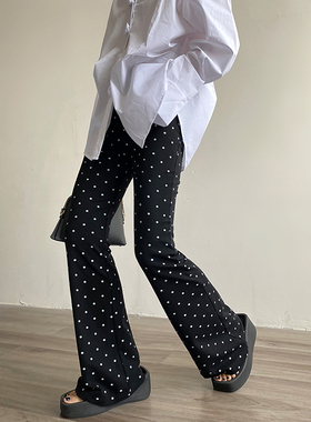 AcupStudio江右上 松紧腰微喇波点休闲裤女夏季高腰直筒显瘦裤子