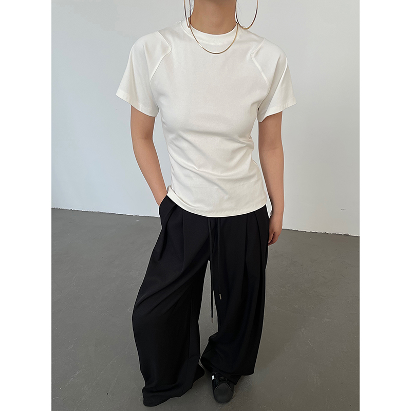 AcupStudio江右上 纯色圆领正肩短袖T恤女夏季休闲修身显瘦上衣