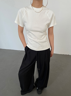 AcupStudio江右上 纯色圆领正肩短袖T恤女夏季休闲修身显瘦上衣