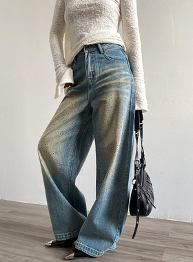Acupstudio江右上 美式复古水洗松弛感阔腿烫钻弯刀牛仔裤女
