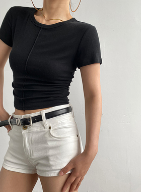 AcupStudio江右上 纯色正肩T恤女夏季气质简约打底衫修身显瘦上衣