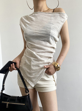 Acupstudio江右上 设计感小众不规则杂色微透斜肩短袖T恤上衣女