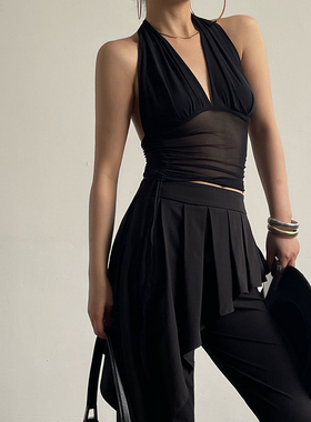 AcupStudio江右上 欧美辣妹性感修身设计感透视高腰挂脖吊带上衣