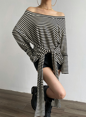 AcupStudio江右上 一字肩休闲宽松绑带条纹打底衫露肩长袖T恤上衣
