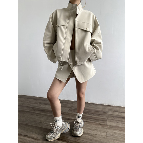 Acupstudio江右上 08.24新品  极简皮衣斜扣半裙套装