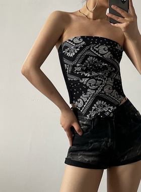 AcupStudio江右上 美式复古两色性感辣妹腰果花印花抹胸上衣