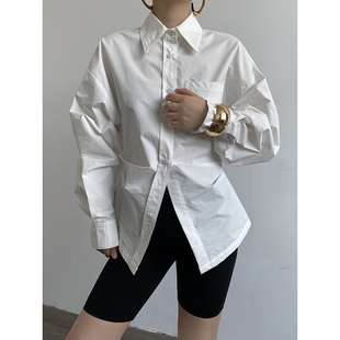 AcupStudio江右上 白色捏褶收腰显瘦长袖衬衫女时尚气质修身衬衣