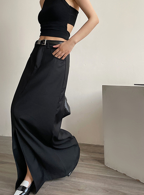 AcupStudio江右上 美式黑色高级感半身长裙女小众设计感开叉裙子